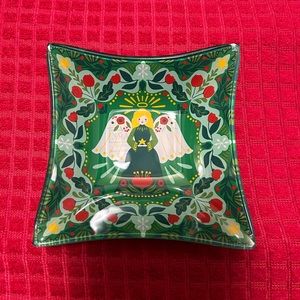 208 Park NY Square Glass Dish Green Floral with Angel Stars Red Flowers 5 x 5in